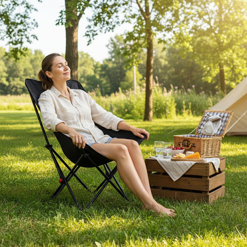 Portable High-Back Moon Chair (Three-Position Adjustment) Seat or Recline, Side Storage Pocket,Foldable Outdoor Chair Camping Picnic Lounger, Midday Rest Fishing Chair, Garden Seat Three Colours Available (Complimentary Storage Bag)