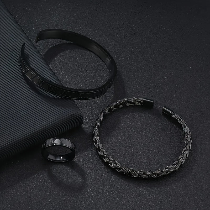 3pcs Men's Stainless Steel Number Bracelet and Ring Set, Perfect for Casual Attire