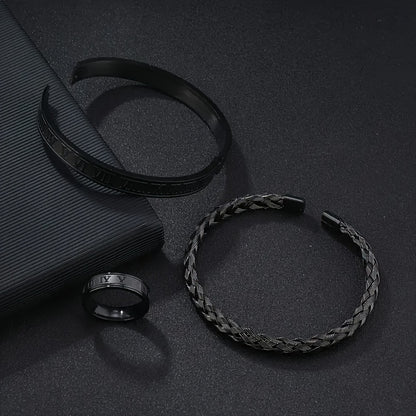 3pcs Men's Stainless Steel Number Bracelet and Ring Set, Perfect for Casual Attire
