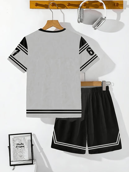 2pcs/Set Boys' Casual Stylish Creative Graphic Number 67 Cartoon Print Short Sleeve T-Shirt And Shorts Set, Comfortable Daily Wear for Spring, Summer & Autumn, for Outdoor