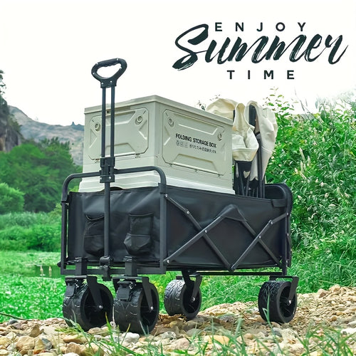 Heavy-Duty 199.58KG Capacity Collapsible Utility Wagon with All-Terrain Tank Brake Wheels, Foldable Steel Frame Beach Cart for Camping, Picnics, Garden & Urban Agriculture - No Power Needed, Foldable Beach Wagon, Picnic Accessories Hauling, Sleek Rugged D