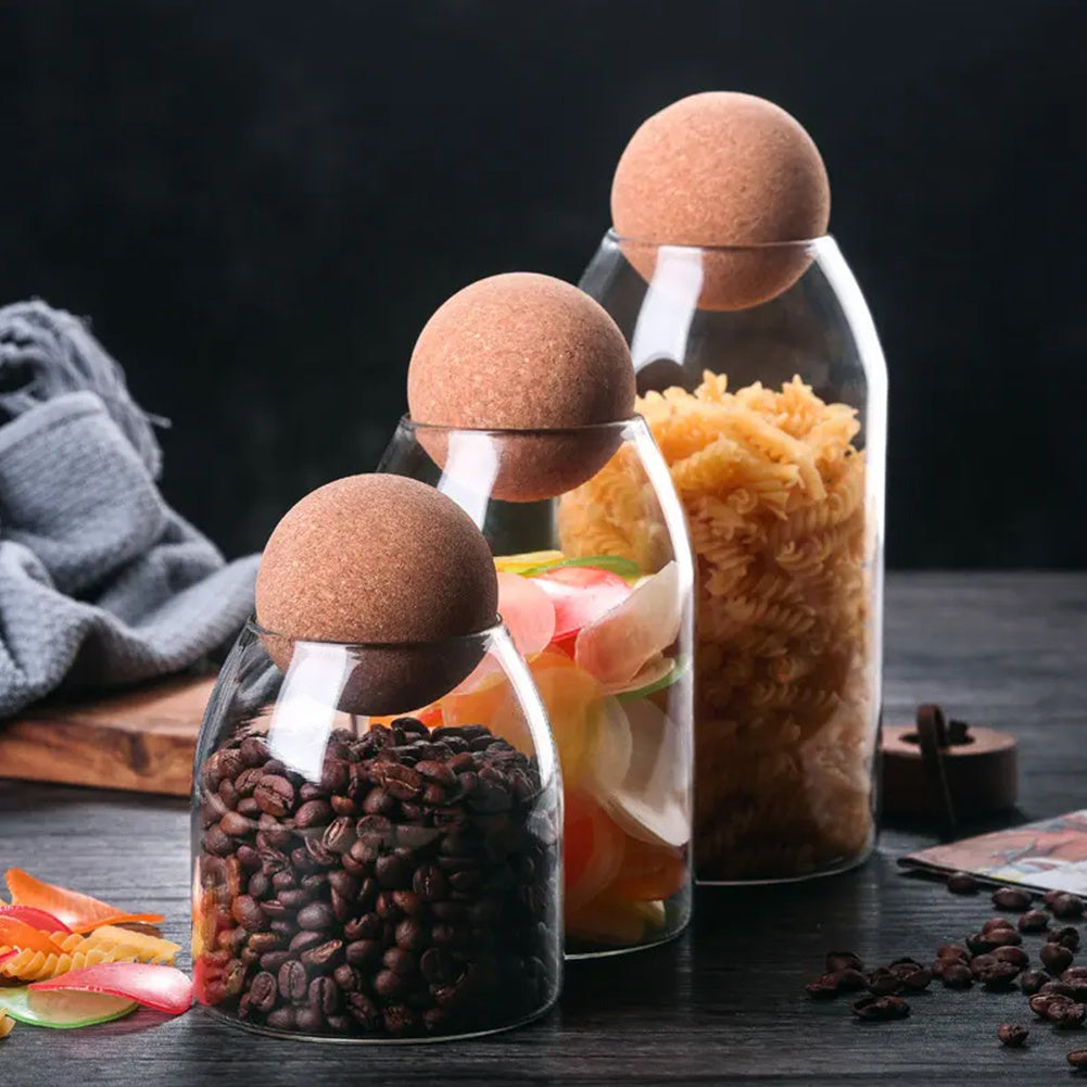 3pcs Glass Food Storage Canister, 500ML & 800ML & 1000ML Airtight Sealed Container Canister, Clear Glass Storage Jar, with Cork Lid, for Spices, Sugar, Coffee, Biscuits, Candies