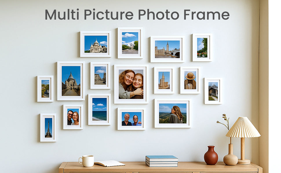 19 Pcs Wooden Photo Frame Set, Multi Size Picture Frames with Stand & Wall Hooks, Tabletop or Wall Mounted Display
