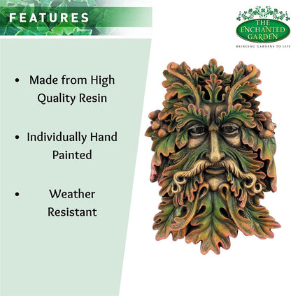 Green Man Wall Plaque 22.5cm – Wildwood Sage Tree Spirit Resin Sculpture for Garden Fence & Home Décor | Celtic Outdoor & Indoor Wall Ornament Gift