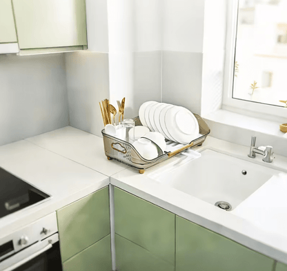 1pc Dish Drying Rack with Handle & Drainboard - Space-Saving Compact Design with Utensil Holder, Durable Plastic Construction, Easy to Clean & Move - Over Sink or Countertop Use for Small Kitchens, Apartments, RVs - Modern White & Golden Kitchen Organizer