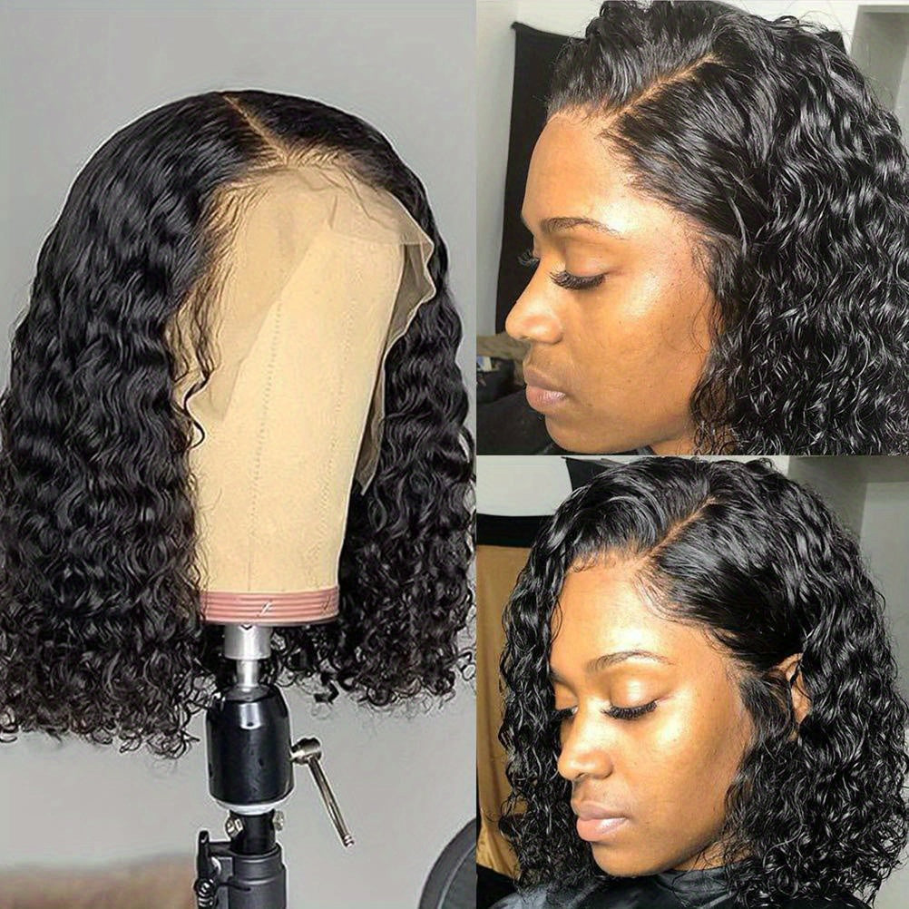 Lace Front Wigs with a Short Curly Bob Style from Brazil, Featuring a Dense Design, Deep Wave Rose Net, And Suitable for Women, These Glueless Machine-Made Wigs Offer a Stylish Look