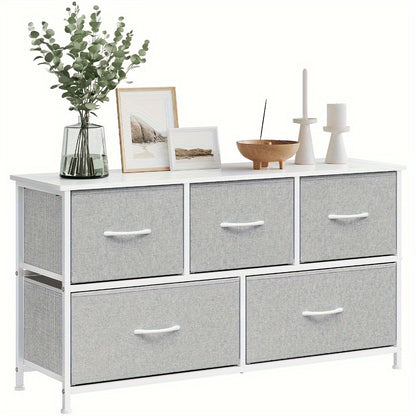 5-Drawer Fabric Chest of Drawers with Metal Frame – Vintage Wood Look Sideboard & TV Cabinet for Living Room, Bedroom & Hallway, Black