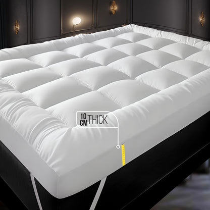 Hotel Quality 10cm Thickness Mattress Topper and Deep Fitted Elastic Corners – Luxury Mattress Topper for All Season and all size available Single, Double, Small Double, King and Super King. 4 Pack Pillow Protector Available for Matching Set