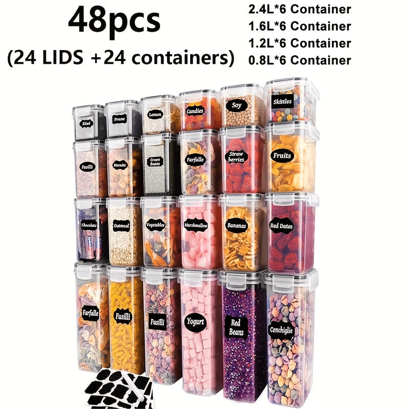 48/46/12/60/84pcs Air-tight Crisper with Lid, Label And Marker, Plastic Kitchen Pantry Storage Container for Sugar, Flour And Baking Supplies, Kitchen Supplies, to Keep Food Fresh And Organized, (24/23/6/30/42Jars +24/23/6/30/42LIDS), Packaging Box