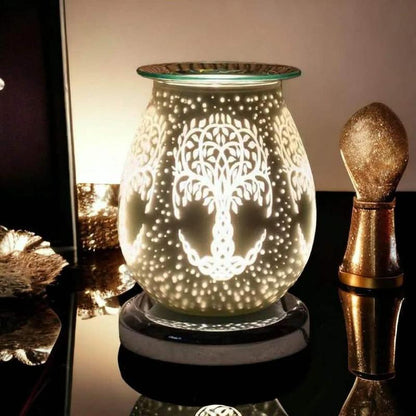 White Satin Tree Of Life Aroma Touch Lamp Wax Tart Warmer and Oil Burner Fragrance Diffuser