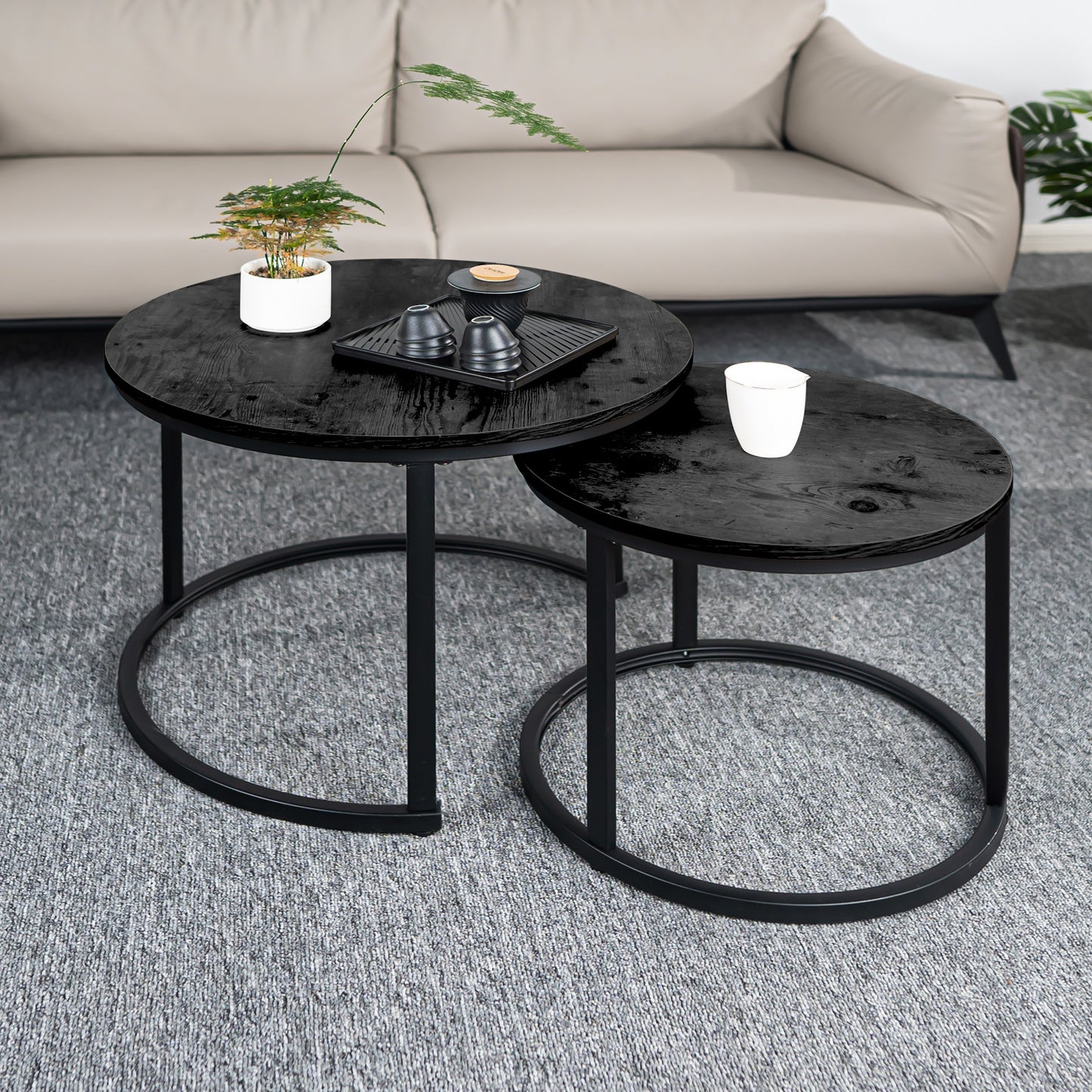 Round Coffee Table Nesting Table Set of 2, Side Table for Living Room, Multi-Functional Side Table, Metal Frame with Wood Sofa Table, Stacking Side Table for Bedroom, Balcony