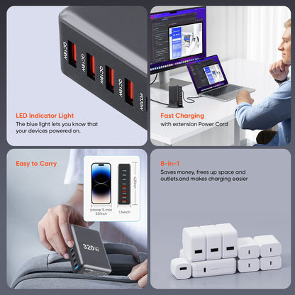 320W GaN III USB-C Fast Charger, 8-Port PD Multi-Device Charging Station, Wall Power Adapter for Laptops, Phones, Gaming Devices