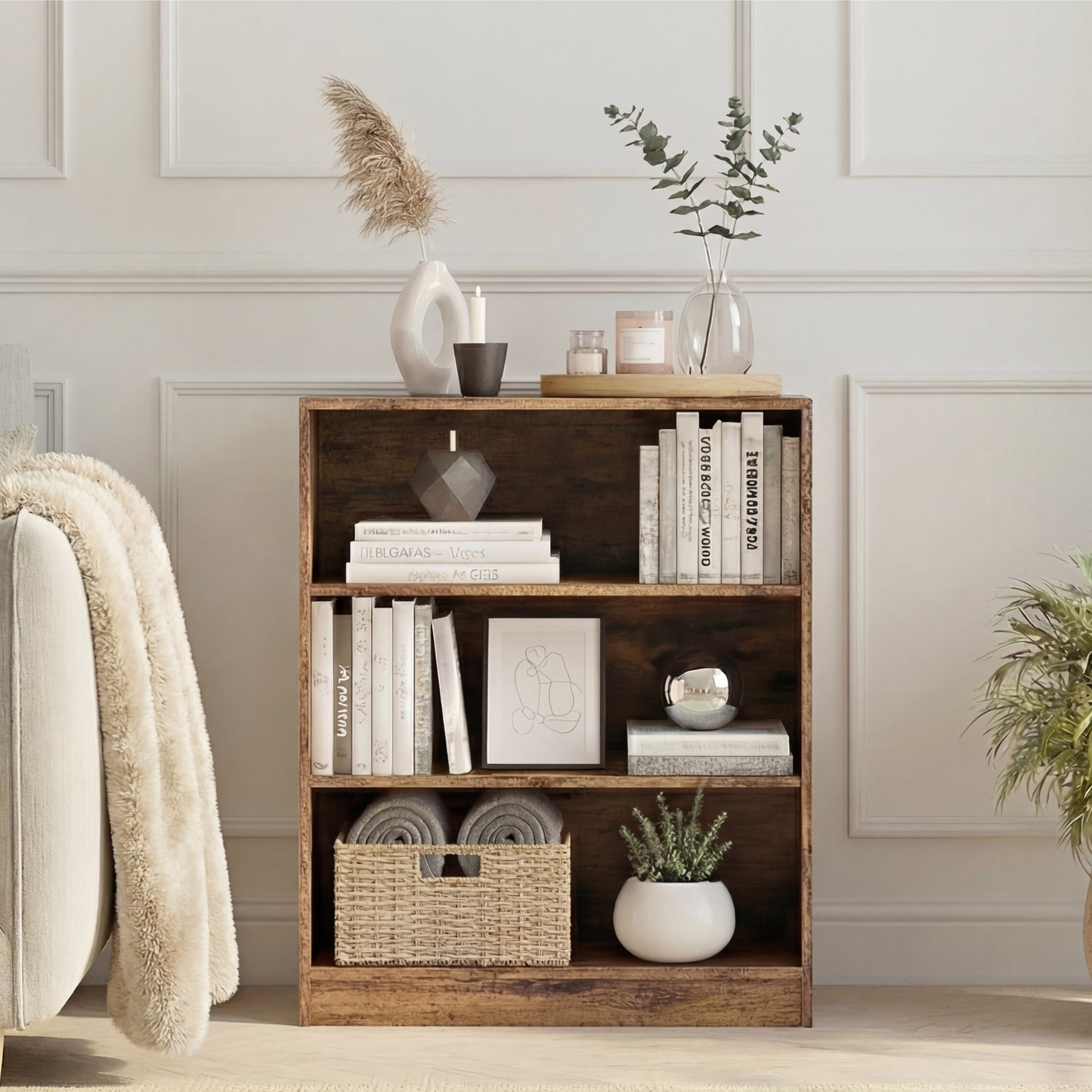 3-Tier Bokcase, Wooden 3 Tier Low Bookcase Wooden Shelving Display Storage Unit Home Office Living Room Bedroom Furniture