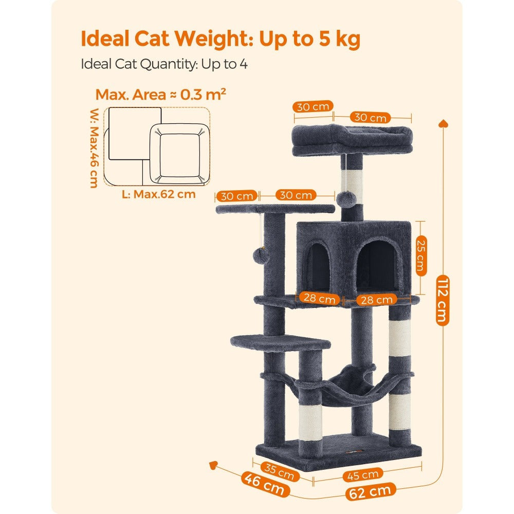 112cm Cat Tree Multi-Level Plush Tower Condo with 4 Scratching Posts, Hammock, Cave & Platforms – Stair-Step Design with Hanging Toys | Easy Assembly Indoor Cat Furniture | Pink White Beige Grey | UK