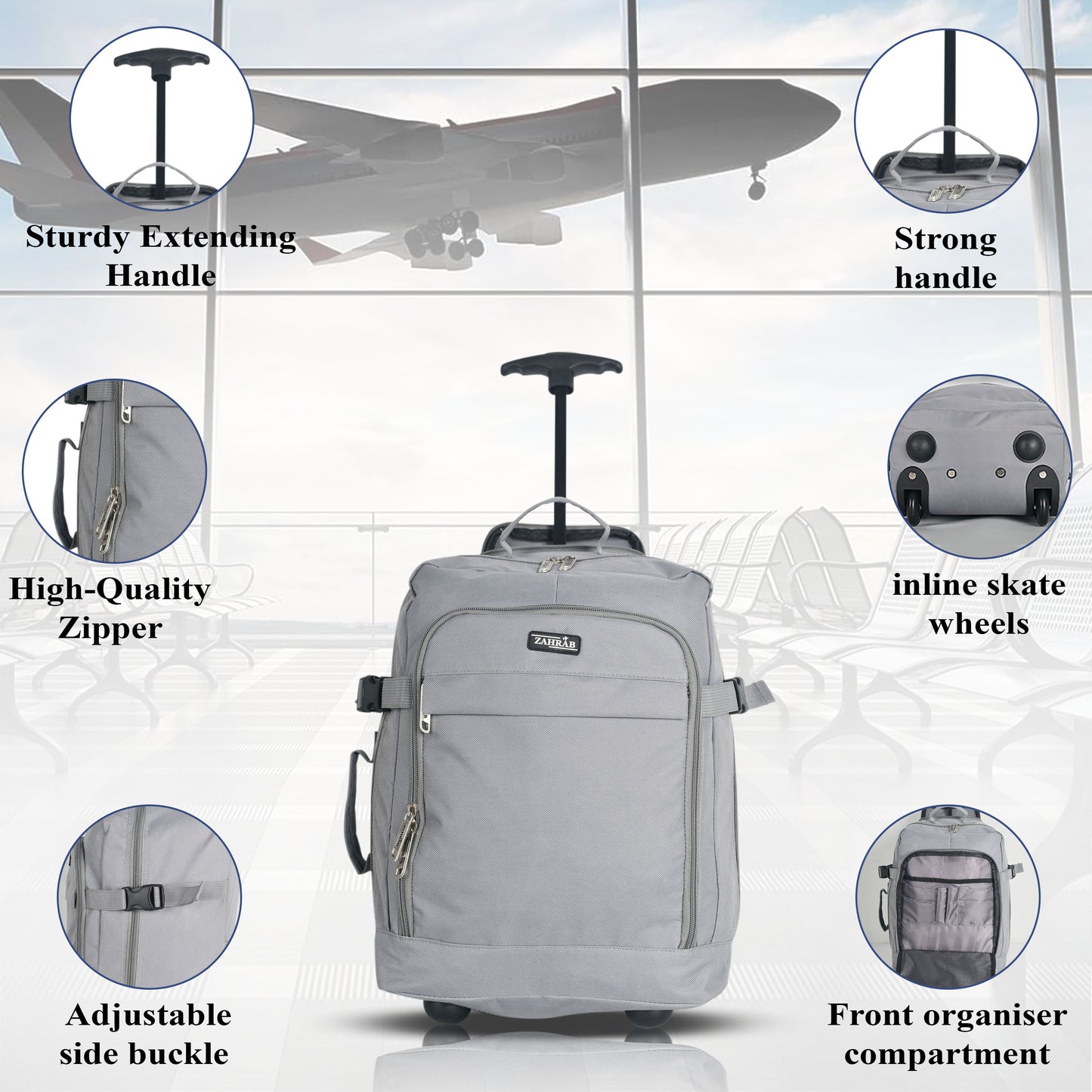 ZAHRAB 40x30x20cm Cabin Bag Underseat Bag Lightweight Hand Luggage Cabin Trolley with Wheels Flight Bags Suit Case