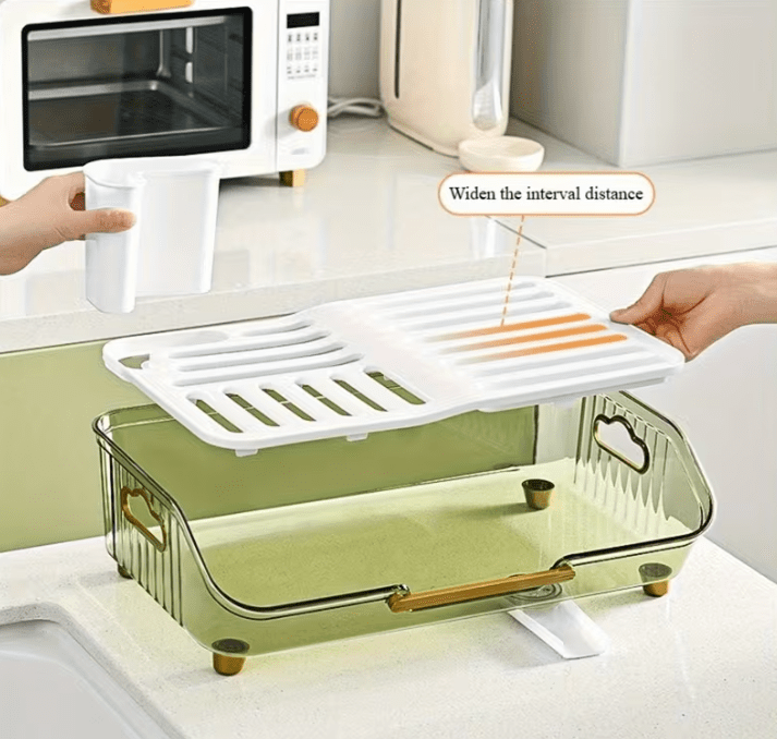 1pc Dish Drying Rack with Handle & Drainboard - Space-Saving Compact Design with Utensil Holder, Durable Plastic Construction, Easy to Clean & Move - Over Sink or Countertop Use for Small Kitchens, Apartments, RVs - Modern White & Golden Kitchen Organizer