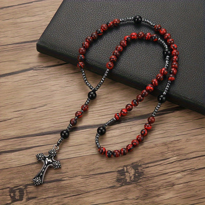 8Mm Red Bead Cross Pendant Necklace for Men And Women, Handmade Jewelry