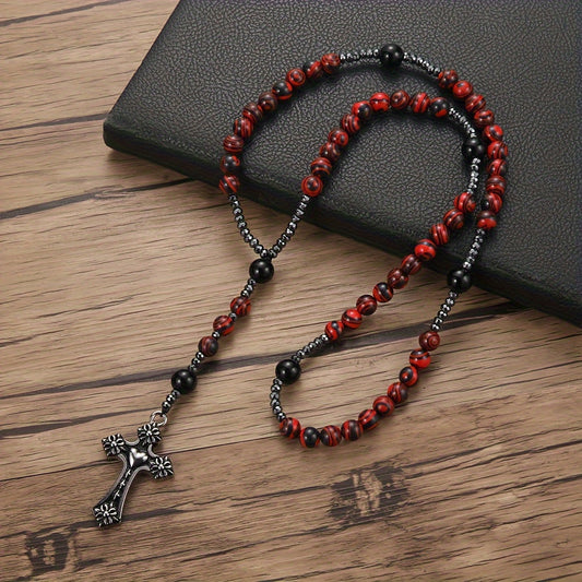 8Mm Red Bead Cross Pendant Necklace for Men And Women, Handmade Jewelry