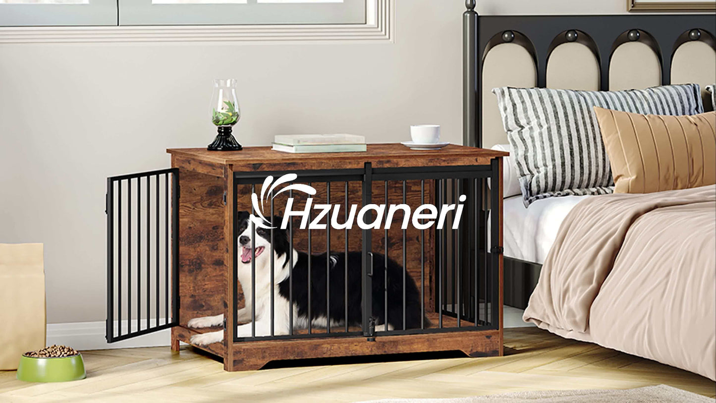Dog Crate Furniture, 100.08cm Double Door Dog Crate with Barn Door, Dog Kennel Indoor, End Side Table Wooden Dog Crate for Small Medium Large Dog, Anti-Chew Anti-Escape, Greige, White