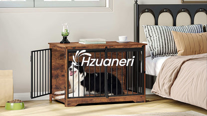 Dog Crate Furniture, 100.08cm Double Door Dog Crate with Barn Door, Dog Kennel Indoor, End Side Table Wooden Dog Crate for Small Medium Large Dog, Anti-Chew Anti-Escape, Greige, White
