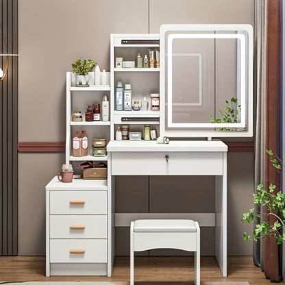 Vanity Table with Sliding Mirror LED Lights & Stool 4 Drawers 6 Hidden Shelves Dimmable 3-Colour Lighting Makeup Desk Bedroom Dressing Table White Black MDF