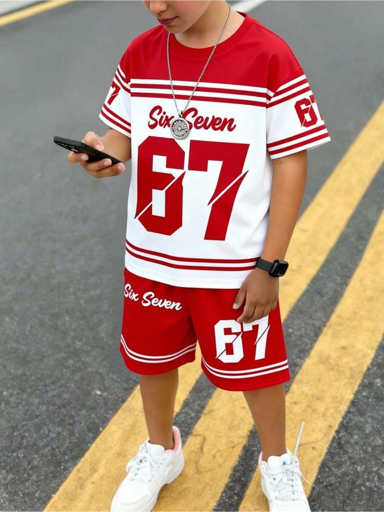 2pcs/Set Boys' Casual Stylish Creative Graphic Number 67 Cartoon Print Short Sleeve T-Shirt And Shorts Set, Comfortable Daily Wear for Spring, Summer & Autumn, for Outdoor