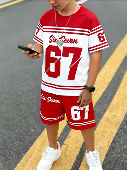 2pcs/Set Boys' Casual Stylish Creative Graphic Number 67 Cartoon Print Short Sleeve T-Shirt And Shorts Set, Comfortable Daily Wear for Spring, Summer & Autumn, for Outdoor