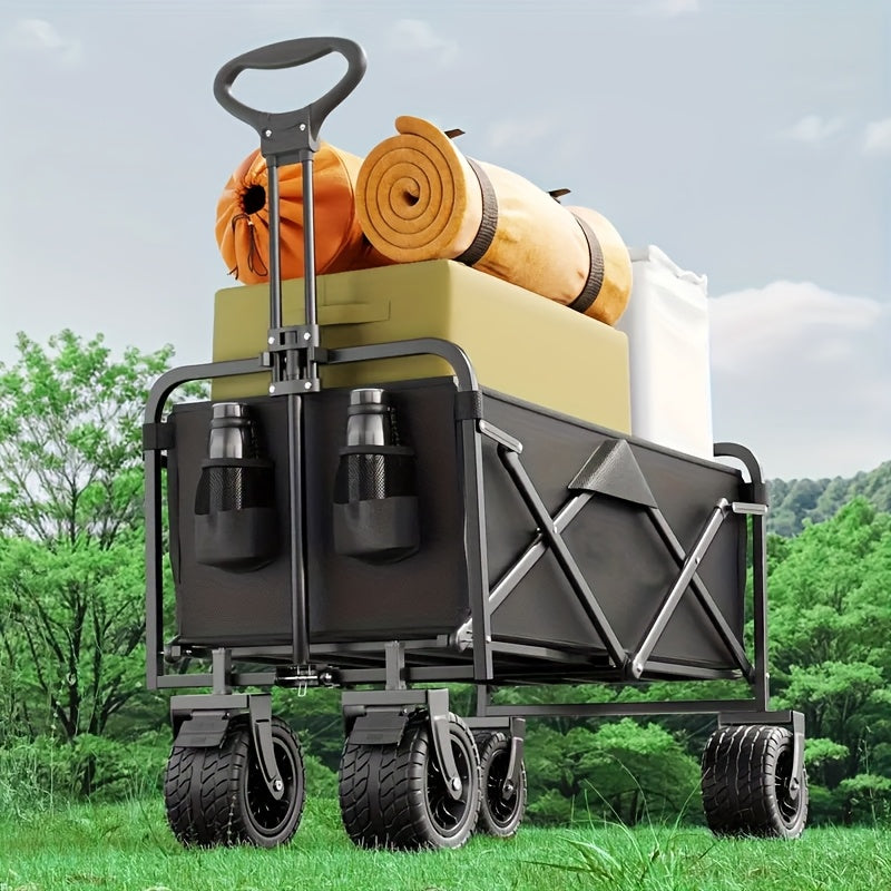 Heavy-Duty 199.58KG Capacity Collapsible Utility Wagon with All-Terrain Tank Brake Wheels, Foldable Steel Frame Beach Cart for Camping, Picnics, Garden & Urban Agriculture - No Power Needed, Foldable Beach Wagon, Picnic Accessories Hauling, Sleek Rugged D
