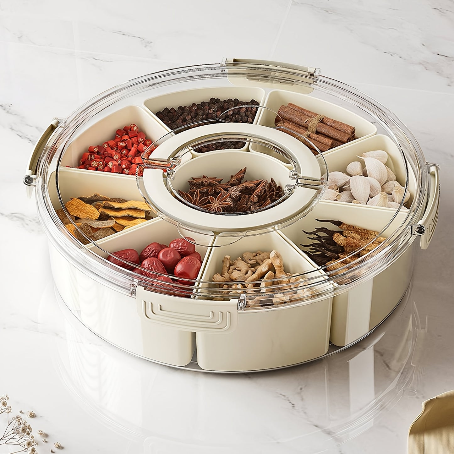 Divided Serving Tray with Lid& Handle, Plastic Portable Food Storage Container Snack Platters, 8 Removable Compartment Box for Parties, Reusable Appetizer Clear Organizer for Veggie, Candy, Fruit, Nut, Snacks, for Picnic Party Travel