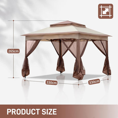 3.3m x 3.3m Gazabo with Mosquito Netting Sides, Garden Heavy Duty Pavilion Canopy Tent, Metal Pergola for Wedding Event