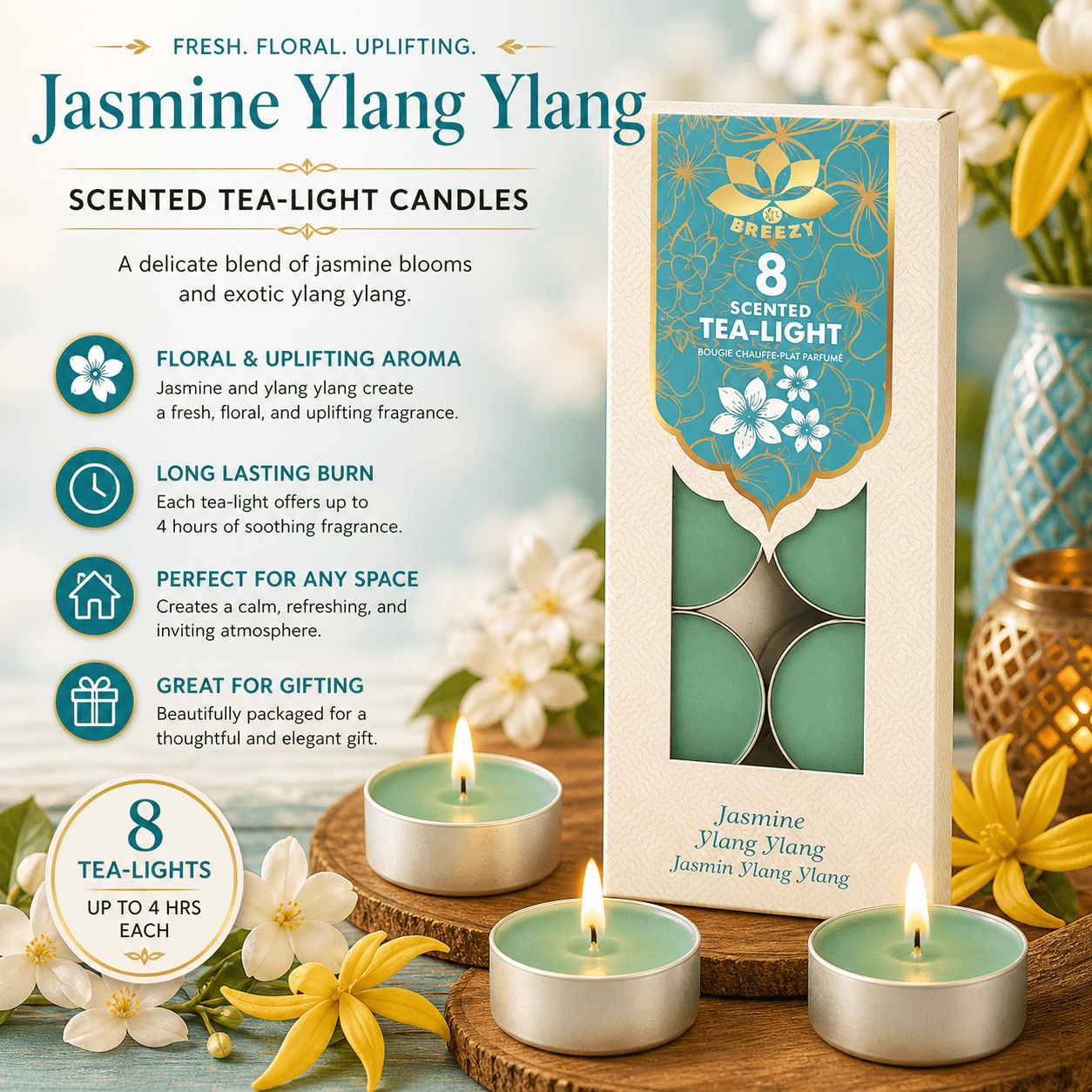 Scented Tea Lights - 8 Pack Strong Fragrance Tea Light Candles, Long Lasting Candle Tealights for Home Decor, Wax Burners & Relaxation