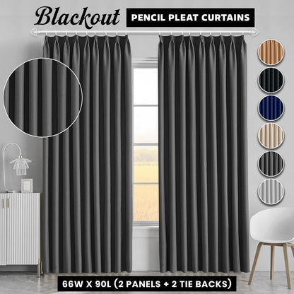 2pcs Premium Blackout Pencil Pleat Curtains – Heavy Duty Thermal Insulated Window Drapes with Matching Ties, Noise Reducing, Energy Saving & UV Blocking, Perfect for Bedroom & Living Room
