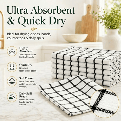 12 Pack white Kitchen Towels with black checkered stripe patterns set 60x40cm, Bulk Cleaning Towels, Cotton Soft Dish Cloths, Plaid and Checkered Tea Towels for Kitchen Cleaning and Daily Household Use