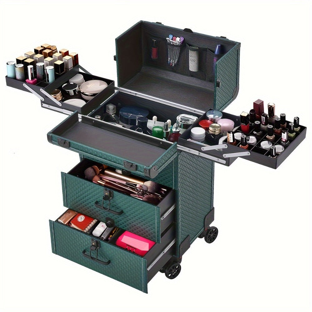 Large 3-in-1 Makeup Trolley Case – Professional Hairdressing Vanity Beauty Box with Wheels, PU Aluminium Frame Cosmetic Storage, 37x25x56cm, Rose Gold & Black