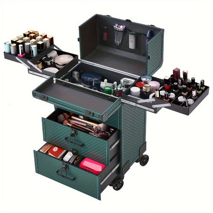 Large 3-in-1 Makeup Trolley Case – Professional Hairdressing Vanity Beauty Box with Wheels, PU Aluminium Frame Cosmetic Storage, 37x25x56cm, Rose Gold & Black