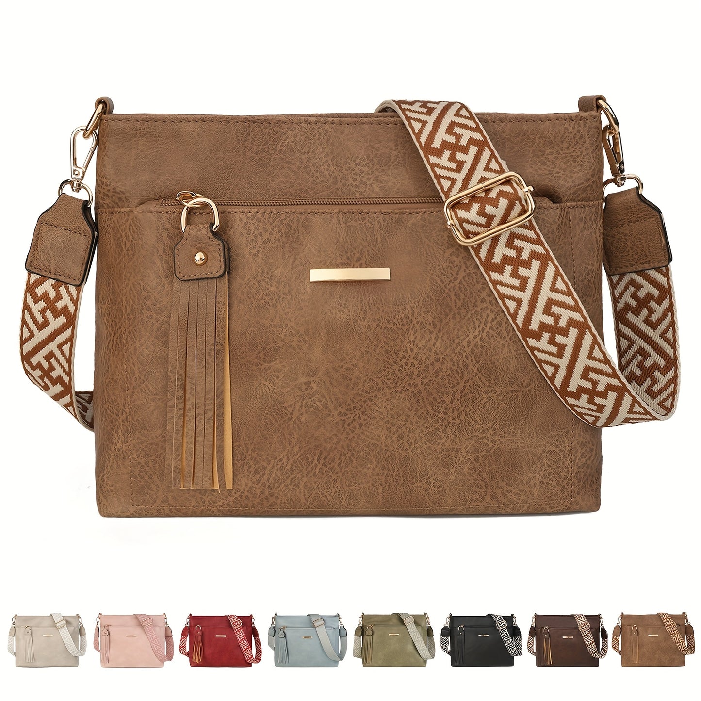New Large-Capacity Women's Crossbody Bag with Fashionable Tassel Accessory, Wide Shoulder Strap, Contrast Color Square Bag, Simple, Casual, Versatile Commuter Single-Shoulder Underarm Bag