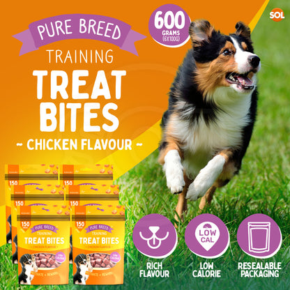 Pure Breed 6 Pack Dog Training Treat Bites 600 g Total | Chicken Flavour Low Calorie Dog Treats | Bite Size Reward Snacks for Training and Everyday Use | Resealable Packs for Freshness
