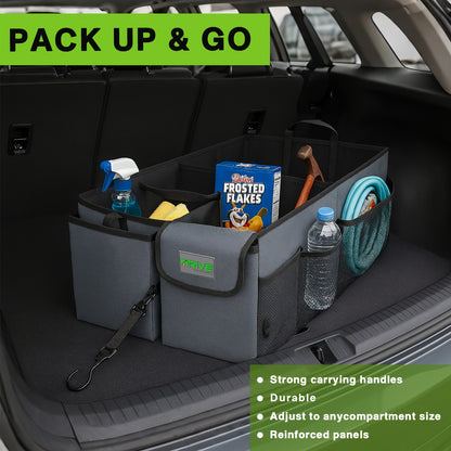 Car Trunk Organizer - Collapsible - Truck And Car Additions for Women And Men, Multi-Compartment Automotive SUV Car Organizer for Storage W/ Adjustable Straps - Grey