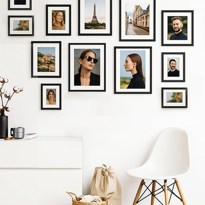 19 Pcs Wooden Photo Frame Set, Multi Size Picture Frames with Stand & Wall Hooks, Tabletop or Wall Mounted Display