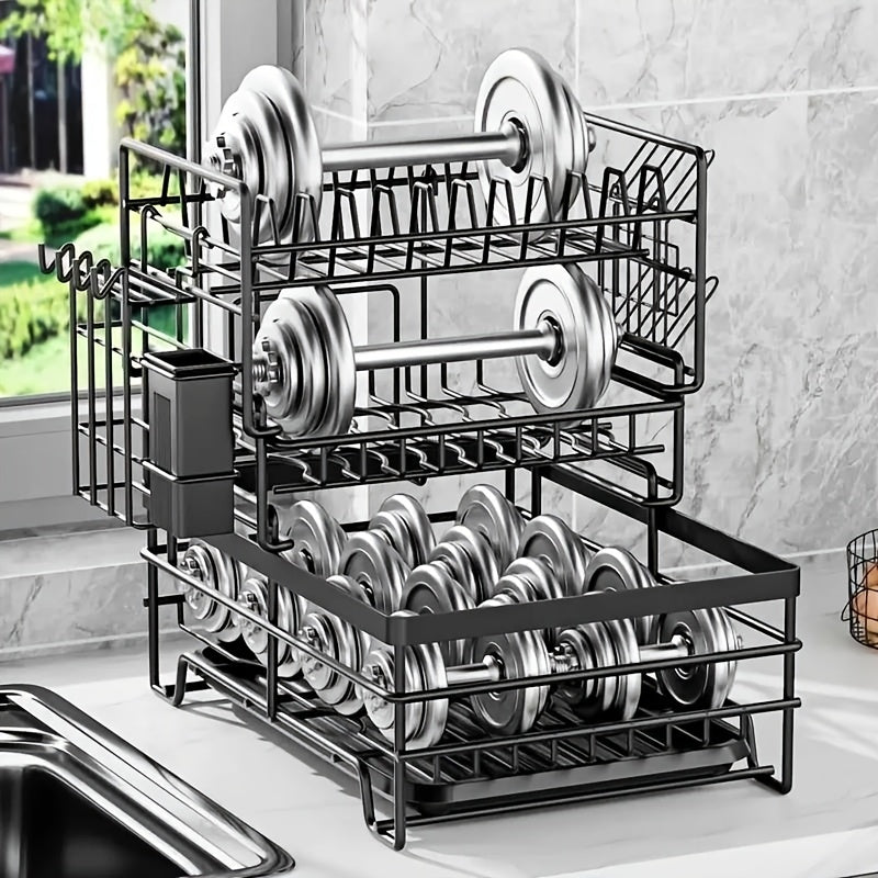 1pc 3 Tier Dish Drainer Rack for Kitchen Counter, Space Saving Dish Rack Large Capacity Drying Rack with Utensil Holder, Cutting Board Holder, Cup Holder And Draining Board