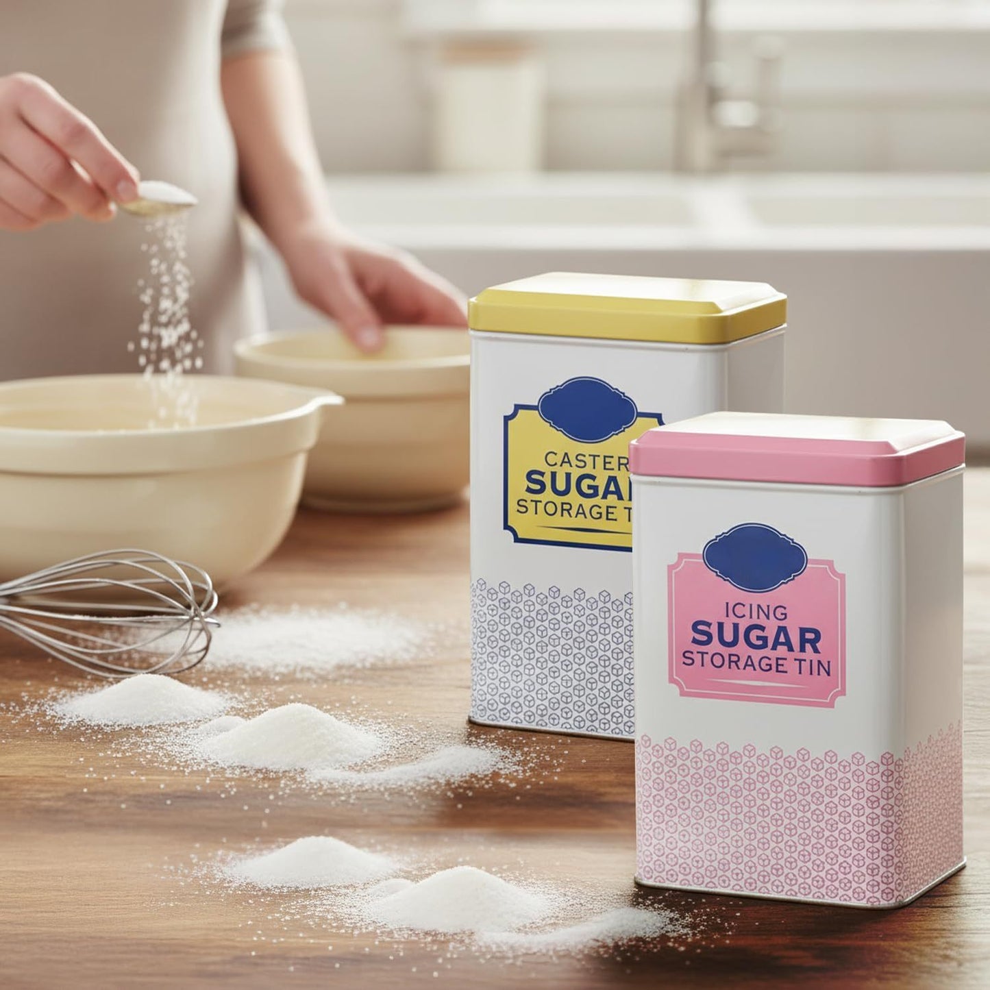 Caster & Icing Sugar Storage Container | 16.3x10.5x7 cm Metal Storage Tin to Hold Icing Sugar | Tight-Fit Lid Keeps Sweet Fresh & Clump-Free