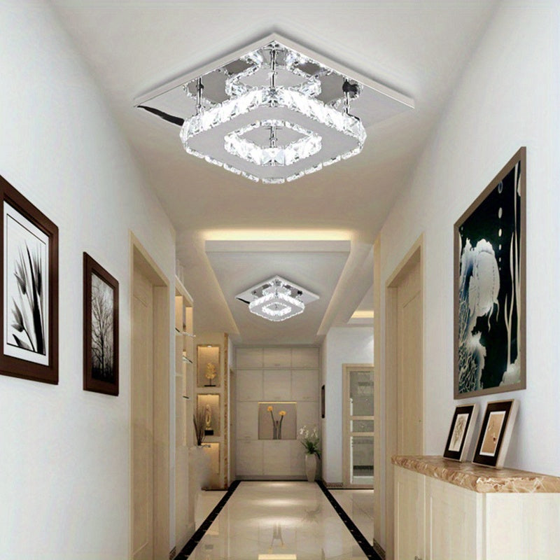 Contemporary Mini Crystal Chandelier, Square Single-layer LED Crystal Ceiling Light, Plain Crystal Ceiling Lighting Chrome Crystal Pendant, 12W 6000K Cold White Light, for Living Room Kitchen Office Bedroom Dining Room Island, 21*21cm/ 8.27*8.27inch.