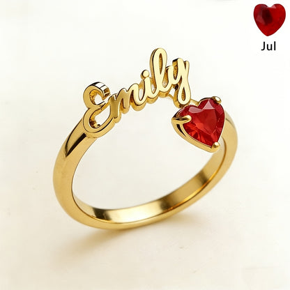 Personalized Heart Birthstone Ring, Custom Birthstone Golden Name Ring, Stainless Steel Elegant Nameplate Open Ring, Best Birthday Gift for Her, Birthstone Jewelry, Light Issues May Cause Color Differences in Birthstones