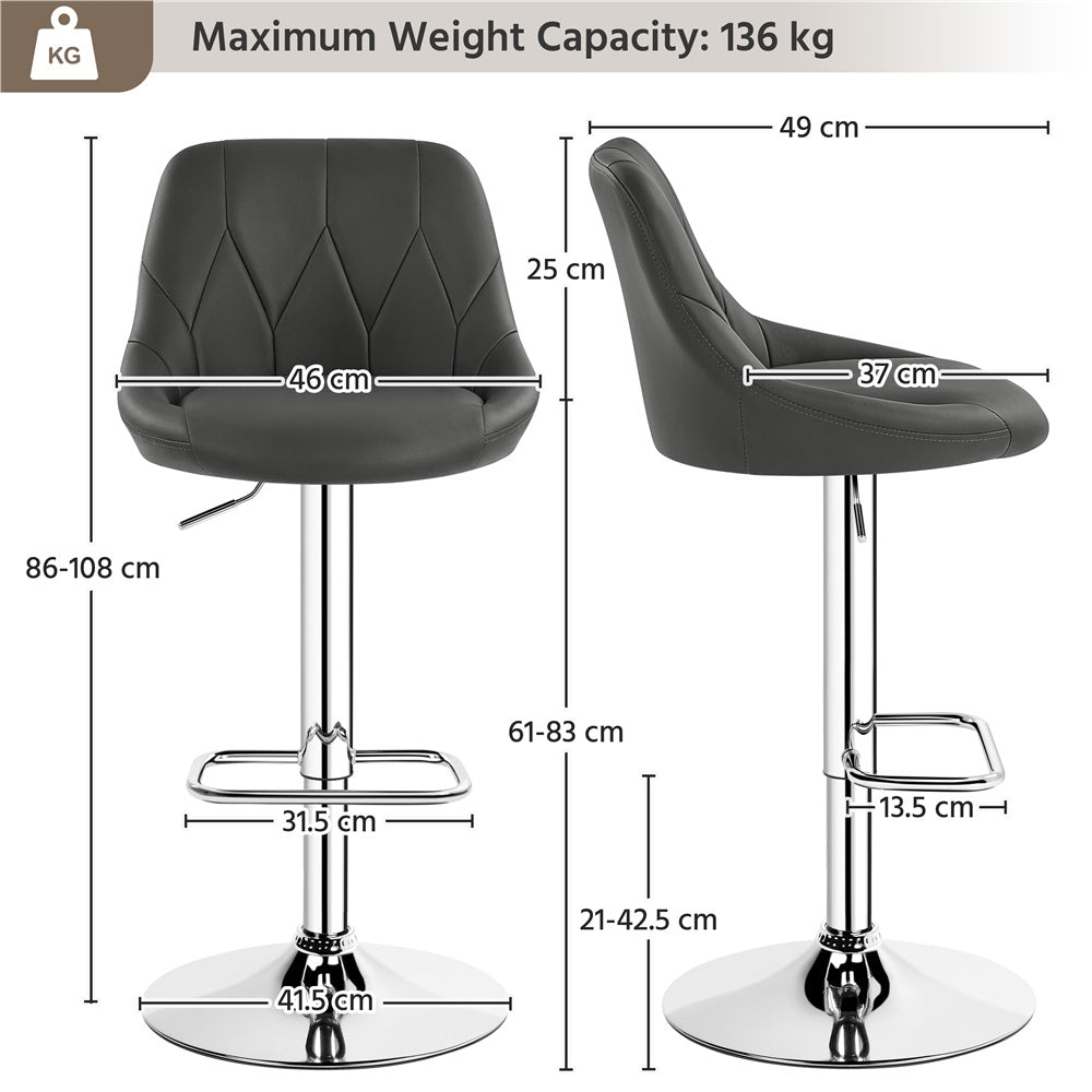 Costoffs 2PCS Bar Stools Faux Leather Swivel Barstools, Height Adjustable, Modern Bar Chairs with Ergonomic Backrest, Cushioned Seat, Chrome Footrest for Home Kitchen Island Bar Counter, Dark Grey/Black/Retro Brown/White/Light Grey