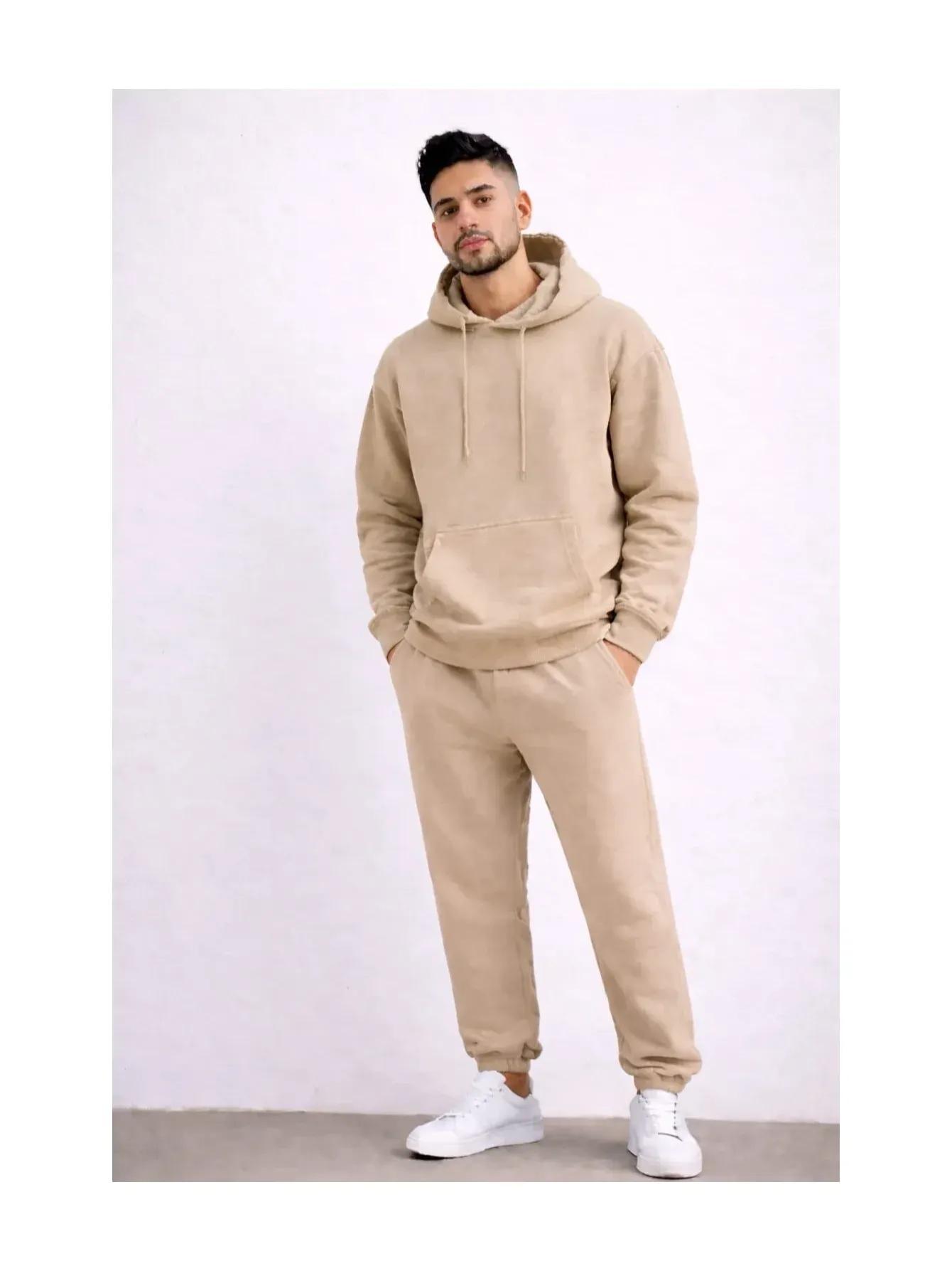 Men'S Outfit Two-Piece Set Featuring a Hooded Long-Sleeve Sweatshirt And Long Pants Solid Colour Knit Fabric Tracksuit, Regular Fit, Perfect Gift for Men, Daily & Outdoor Wear Large Pockets Matching For All Seasons S-XL