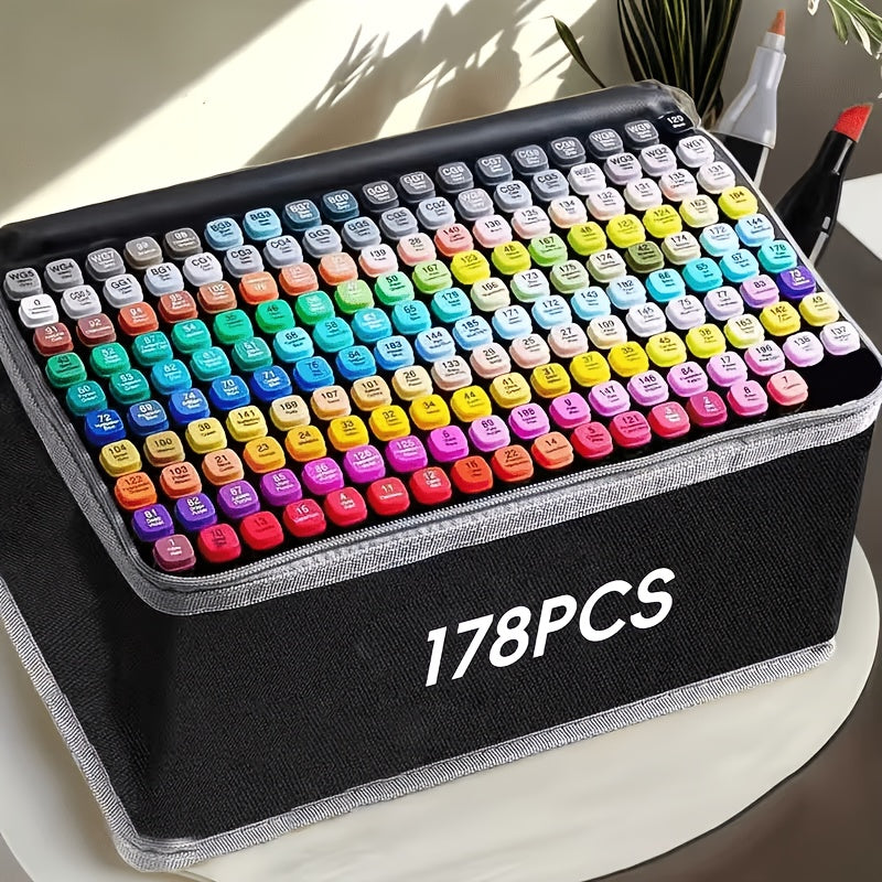 178-Colour Dual-Tip Art Marker Set with Drawing Book – Professional Sketch Illustration Markers Gift Box or Cloth Bag for Artists Adults & Christmas Gift