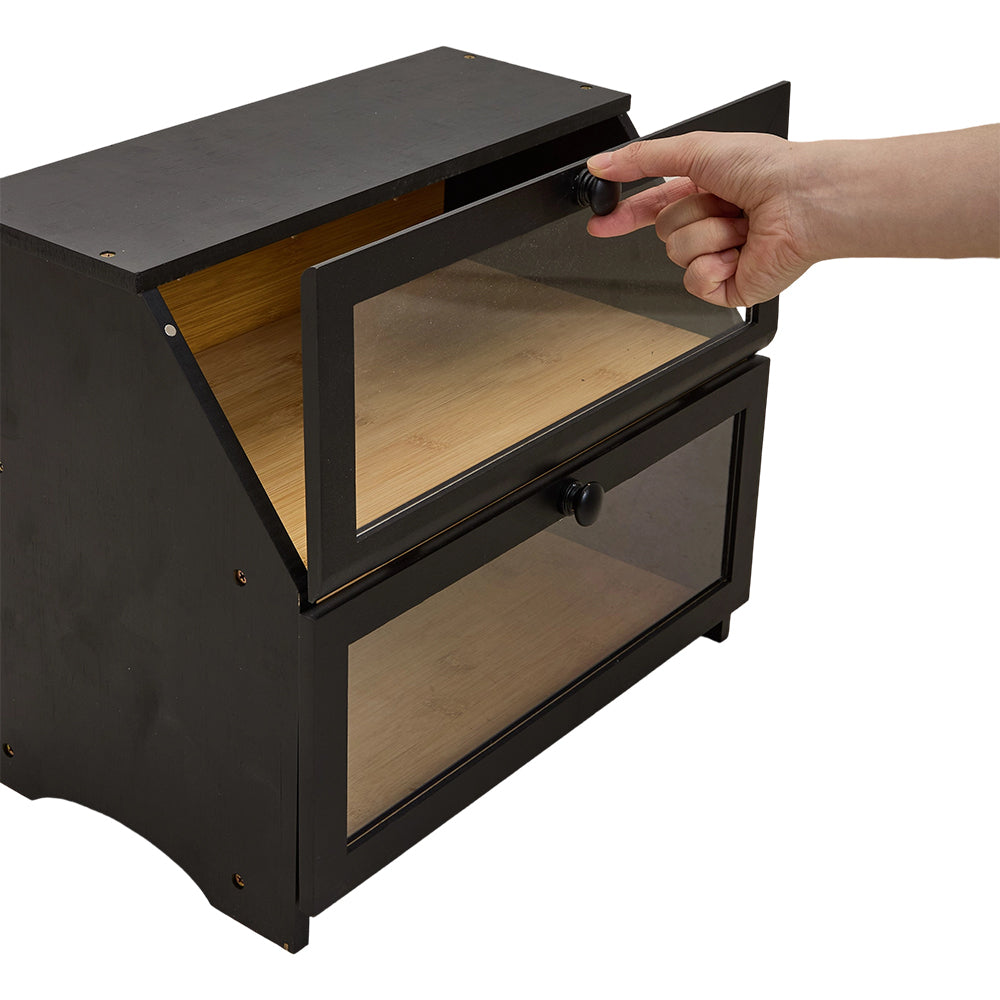 Double Layer Bamboo Bread Box Bread Bin with Transparent Window, Suitable for Kitchen and Dining Room, Pantry Organization Keeps Bread, Fruits, Snacks Fresh, Natural/Black