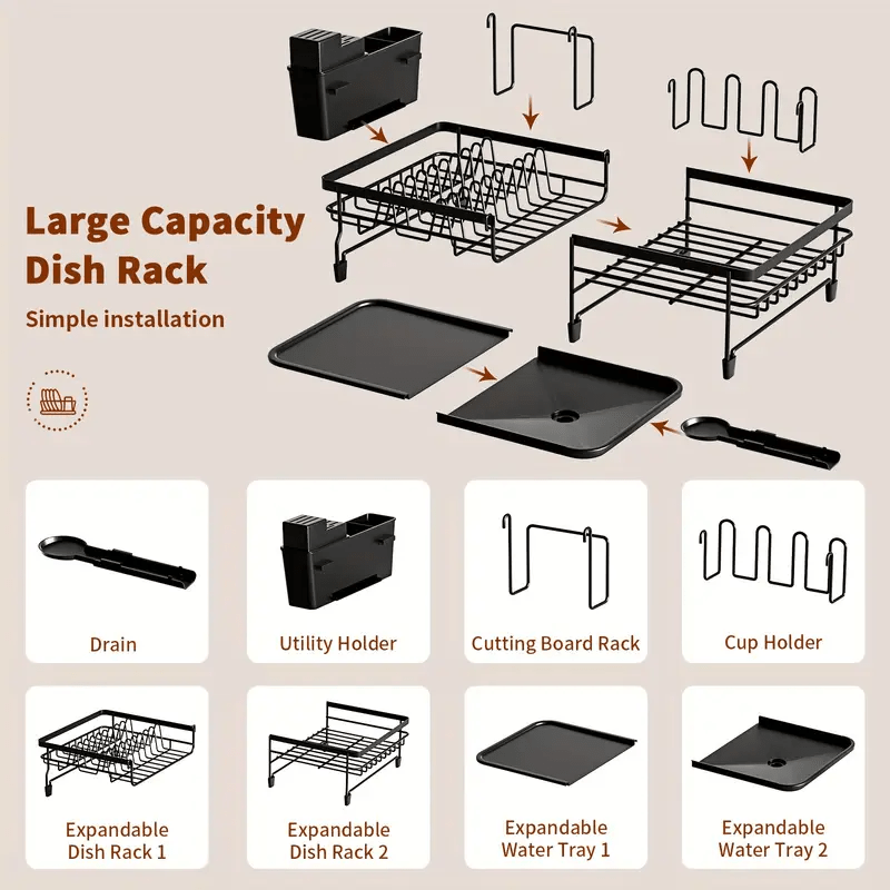 1pc Expandable Dish Drainer Rack Adjustable Dish Rack Foldable Dish Drying Rack with Removable Cutlery Holder Swivel Drainage Spout Anti-Rust Plate Rack for Kitchen Black