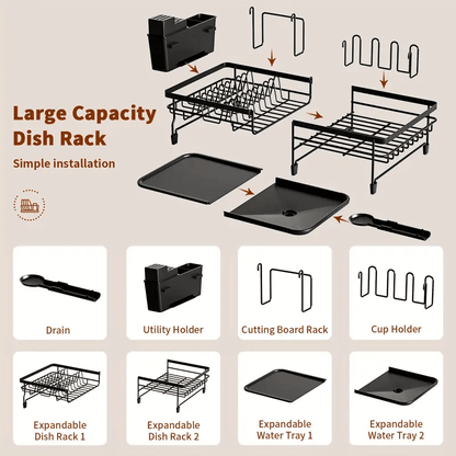 1pc Expandable Dish Drainer Rack Adjustable Dish Rack Foldable Dish Drying Rack with Removable Cutlery Holder Swivel Drainage Spout Anti-Rust Plate Rack for Kitchen Black