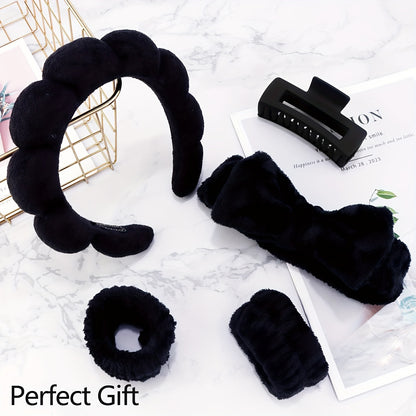 [Spa Headband Set] 5pcs/Set Spa Headband Wristband Set with Hair Claw Clips Skincare Headbands for Washing Face Skin Care Puffy Makeup Headband Wrist Bands Preppy Teen Girl Gifts Cute Trendy Stuff Hair Accessories for Women
